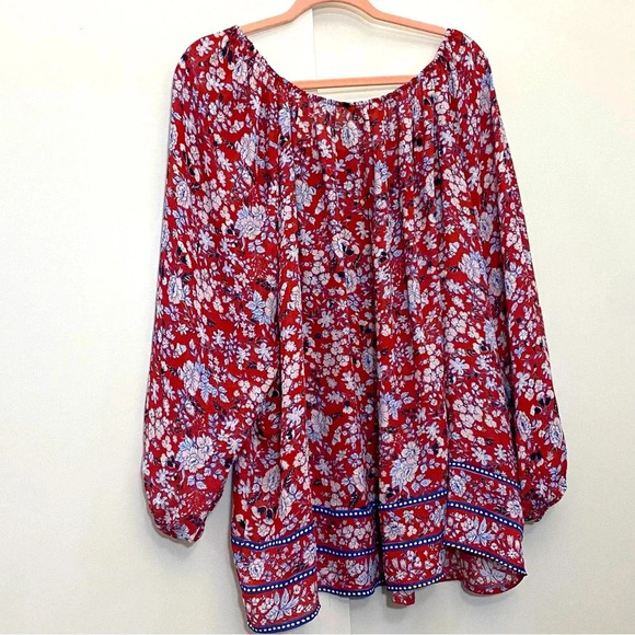 Chaps by Ralph Lauren women’s red bohemian floral 1/2 sleeves flowy festive top - Picture 2 of 7